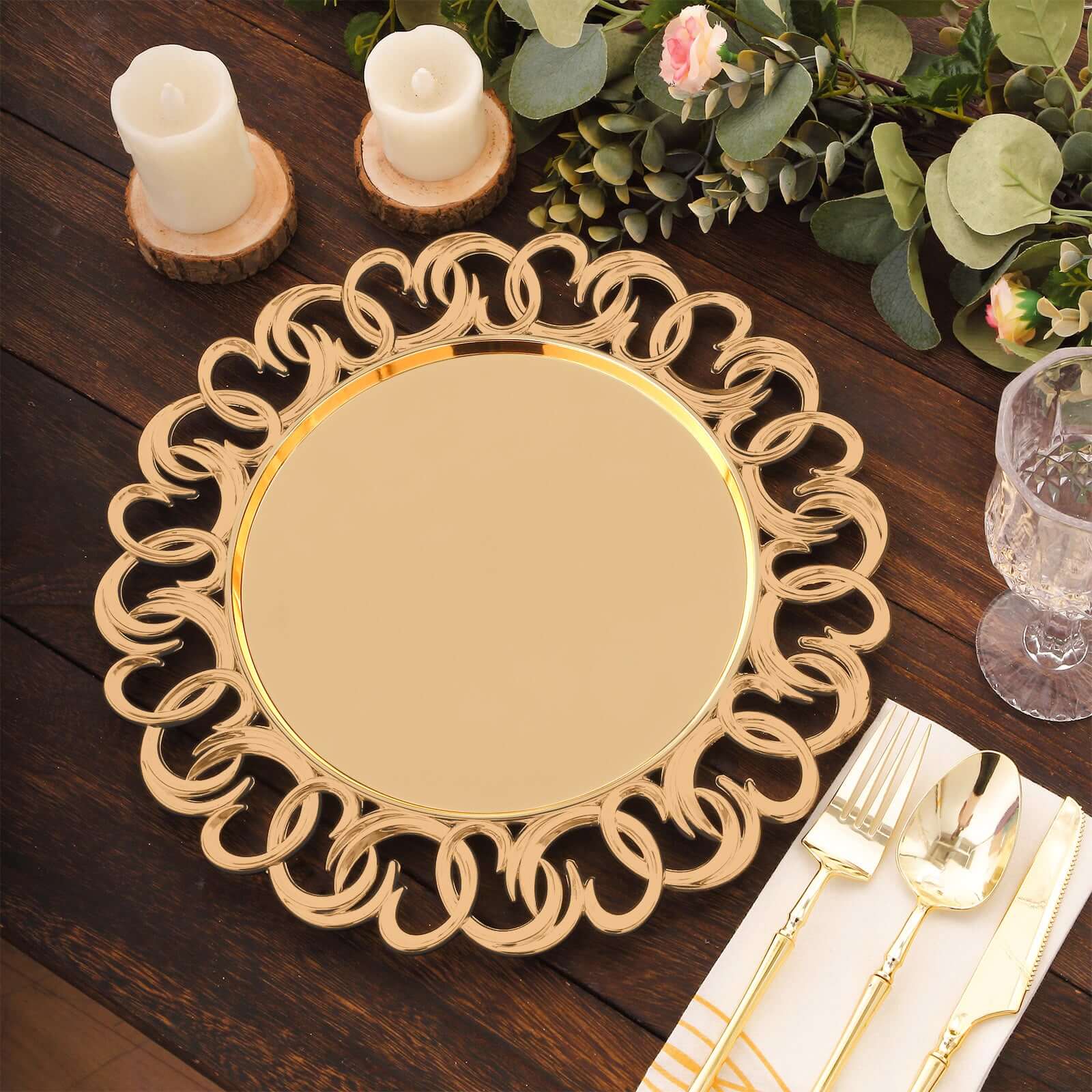 6-Pack Plastic Charger Plates 13" Round Gold with Entwined Swirl Rim - Plastic Disposable Decorative Chargers - Image 4